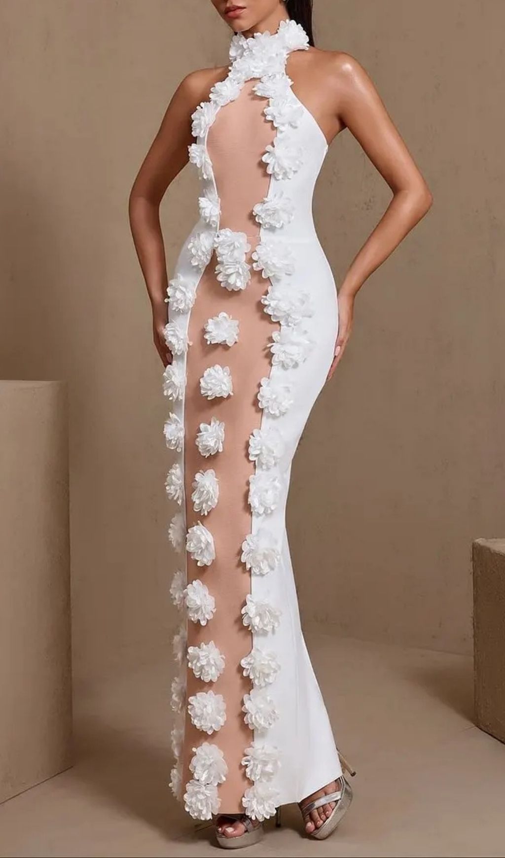 Jennifer White Halter Neck 3D Flowers Bandage Maxi Dress