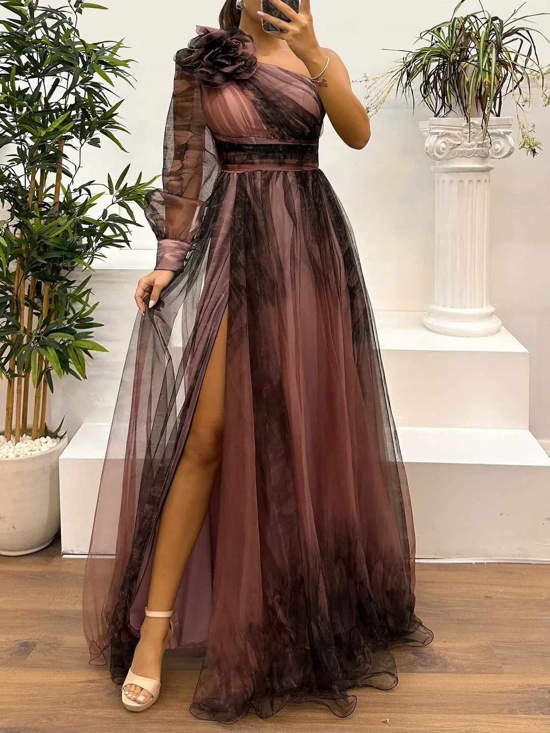 f8b77e2d62b1b91365516661b6694cc3 One Shoulder Mesh Abstract Gradient Print Maxi Dress