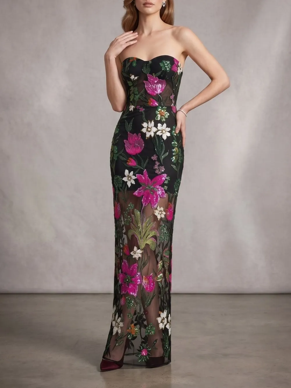 f8c02d6685aac48309db1da51dbf3274 Majorca Strapless Flower Sequin Maxi Dress