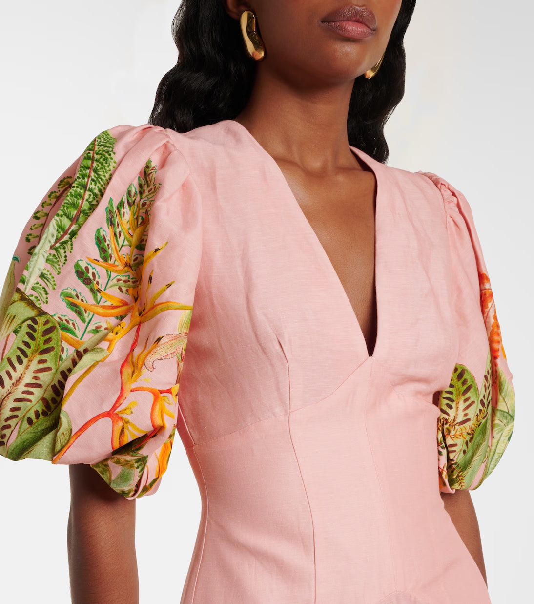 v-Neck Puff Sleeve Cotton Linen Printed Mini Dress - Pink