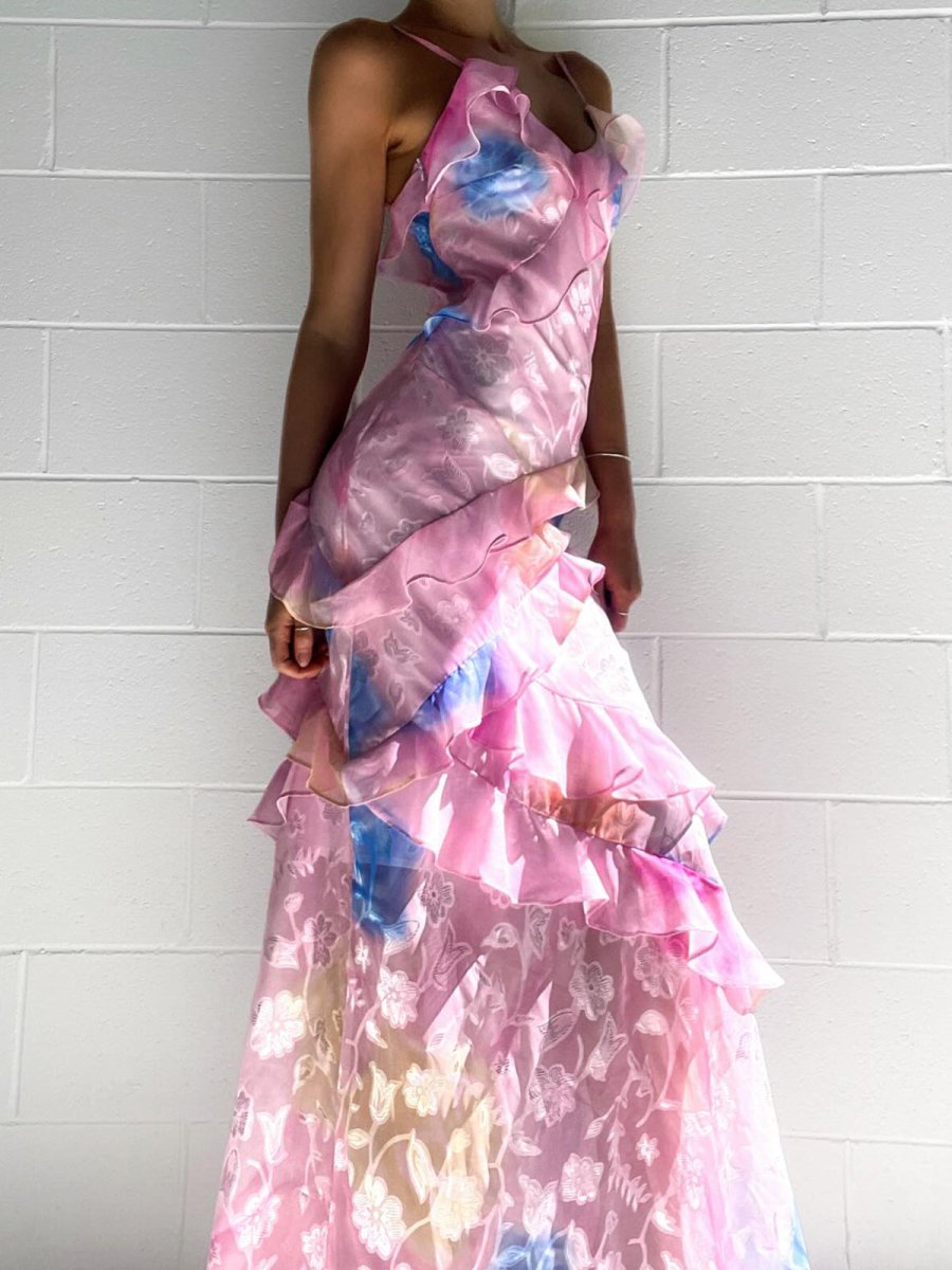 Floral Printed Spaghetti Straps Maxi Dress With Ruffles - OWNCI