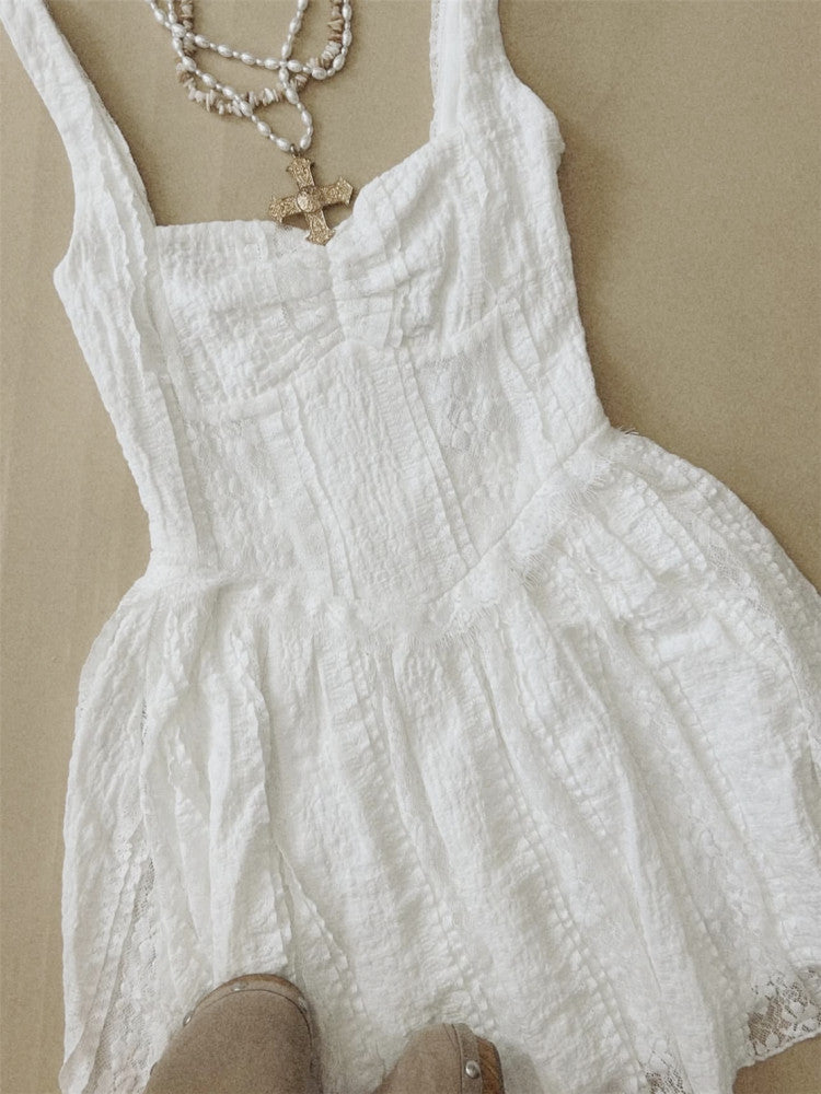 White Ruffled Lace Heart Neck Slip Dress