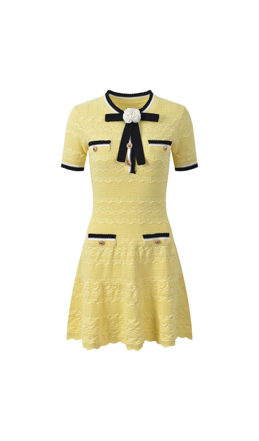 f9b6140669c80b647dfc0307d436961f.jpg Fashionslee Women Madelene Yellow Flower Bow Knit Mini Dress