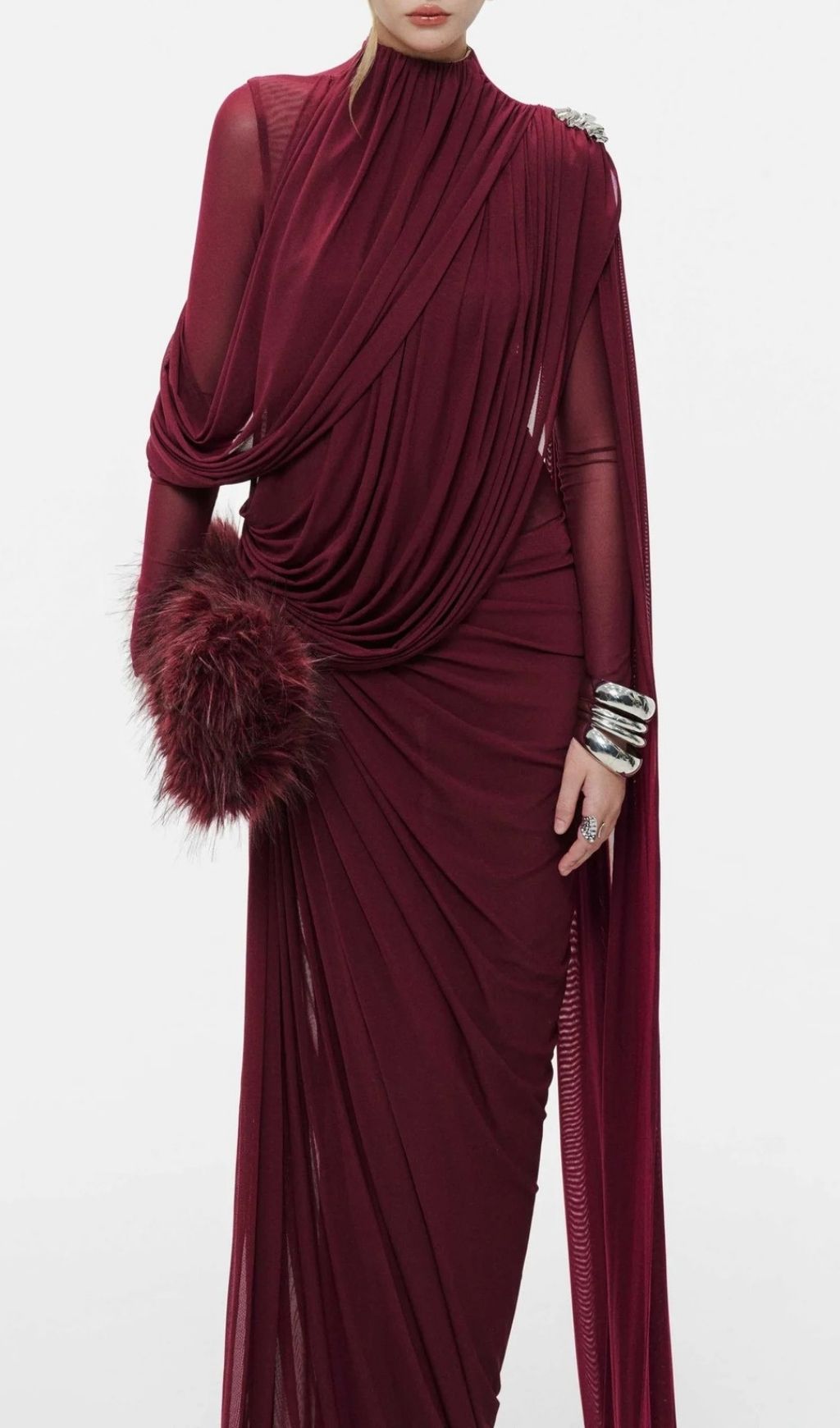 Lavan Wine Ruched Maxi Dress for Evening - red, textured maxi dress by OWNCI
