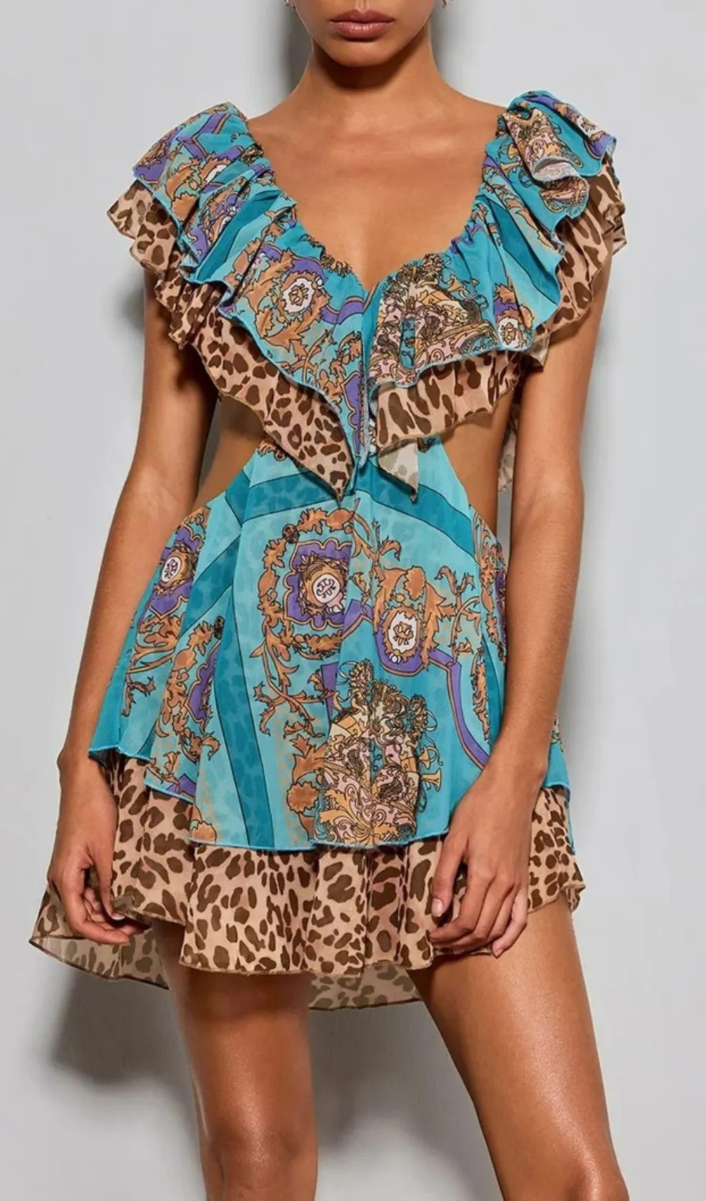 Fashionslee Women Eshana V Neck Cutout Printed Mini Dress