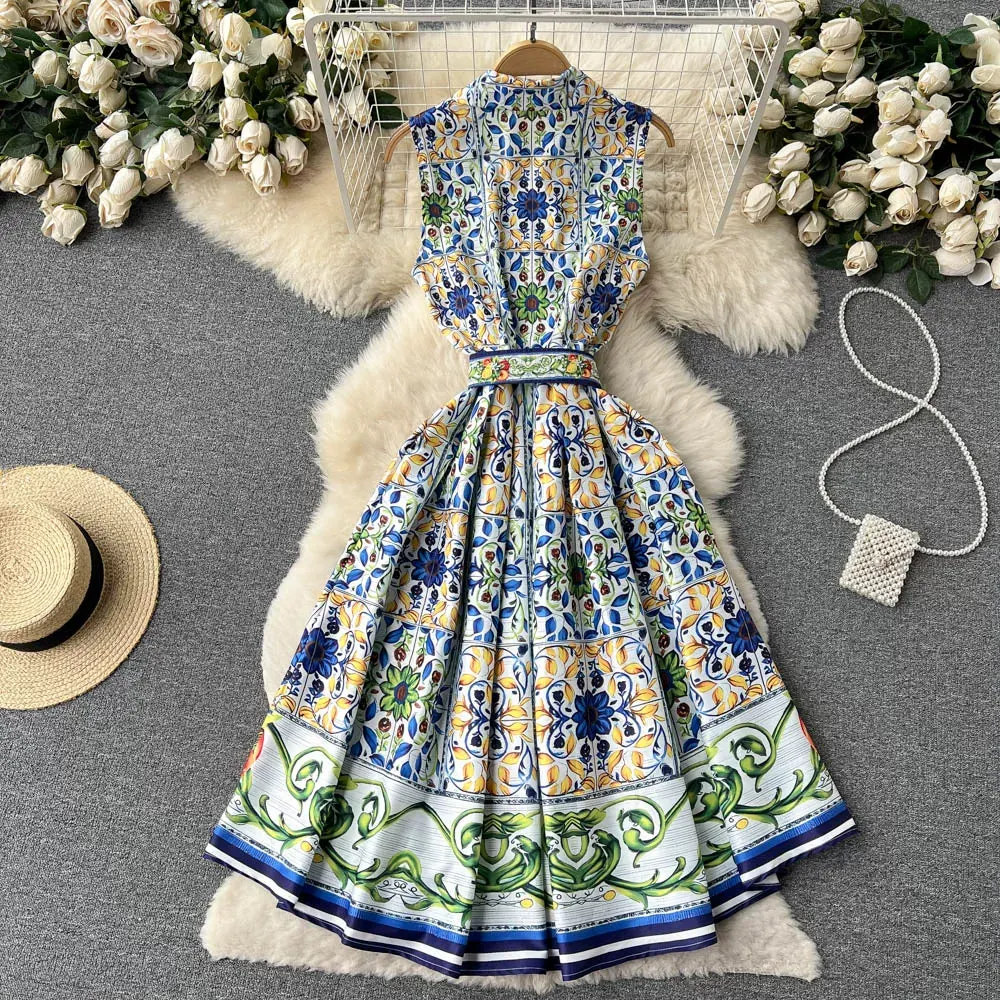 fa45d706d3d17f9ad52b79e571dfc213 Sleeveless Collared Tile Print Belted A-Line Midi Dress