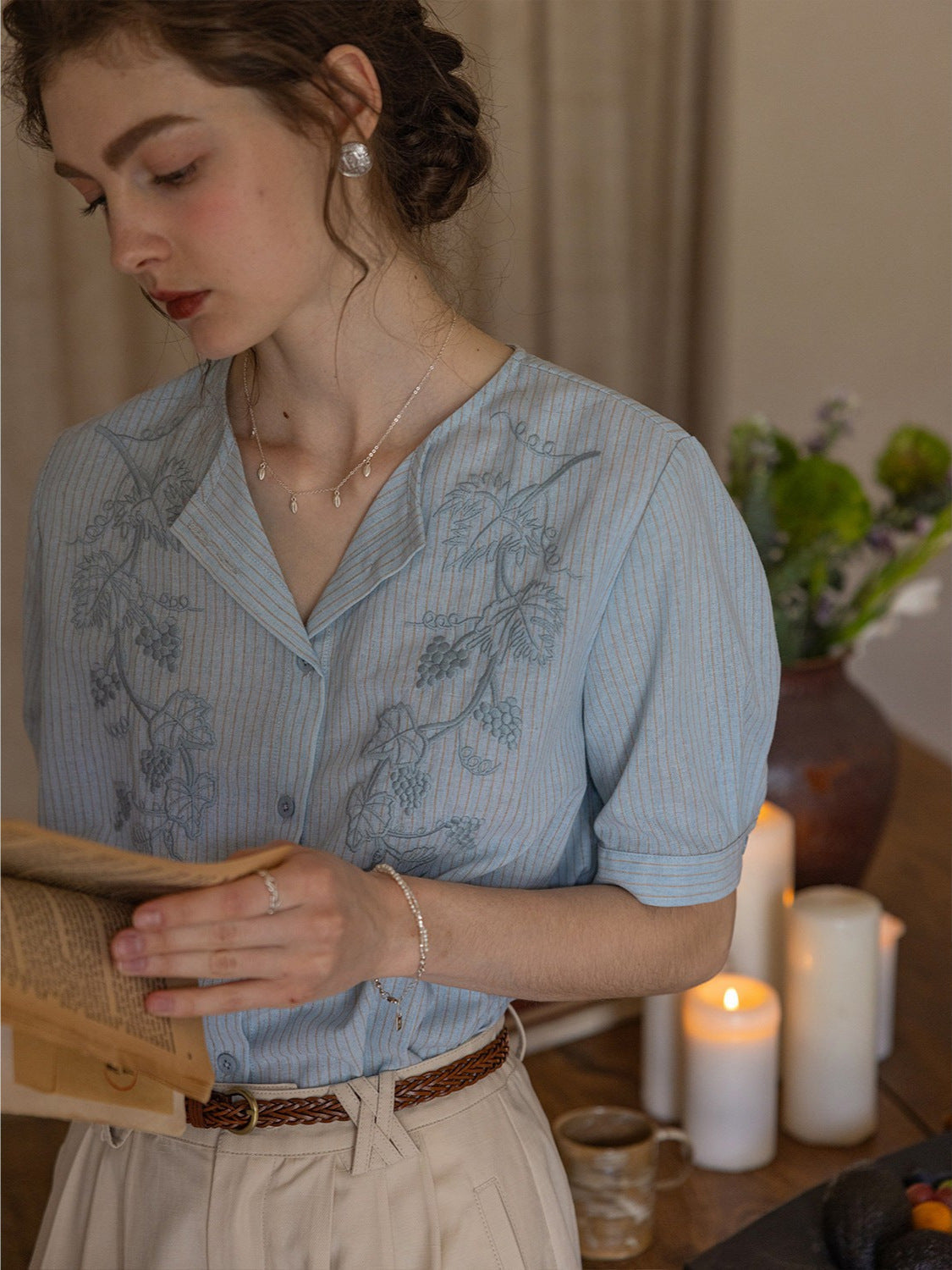 Embroidery Yarn-Dyed Striped Lapel Short-Sleeved Shirt