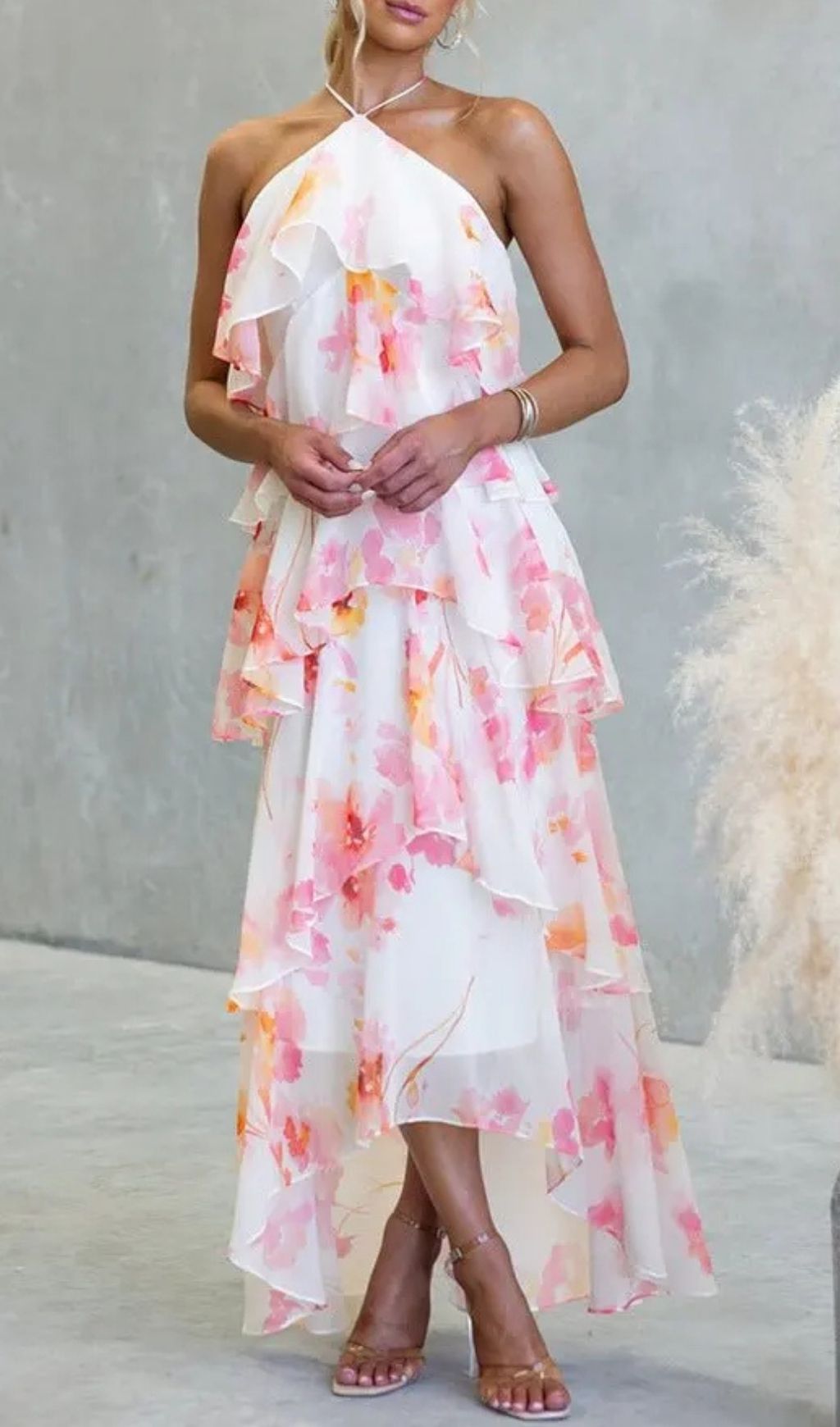 Floral Ruffle Halter Neck Midi Dress - Pink