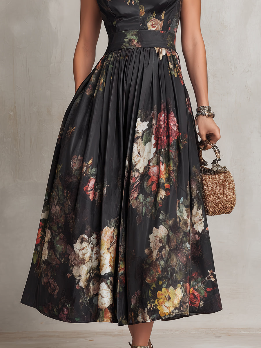 fa76fee040745a029ae9b81f17fd5cee Black Keyhole Collar Floral Pleated Satin Midi Dress