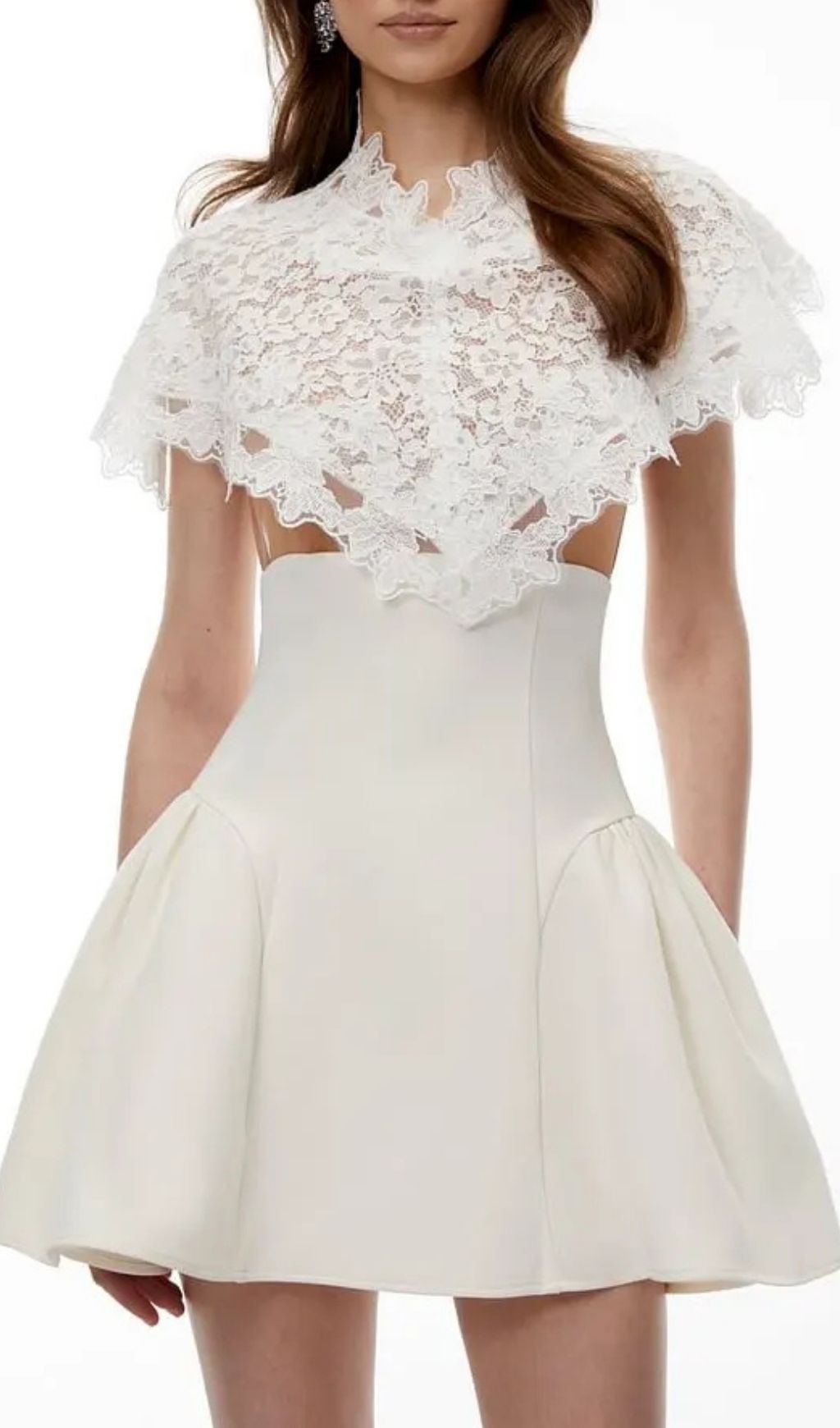 fa8089c2d17e4686b83ca49bcbc0df67 Mandana White Lace Mini Dress with Cape