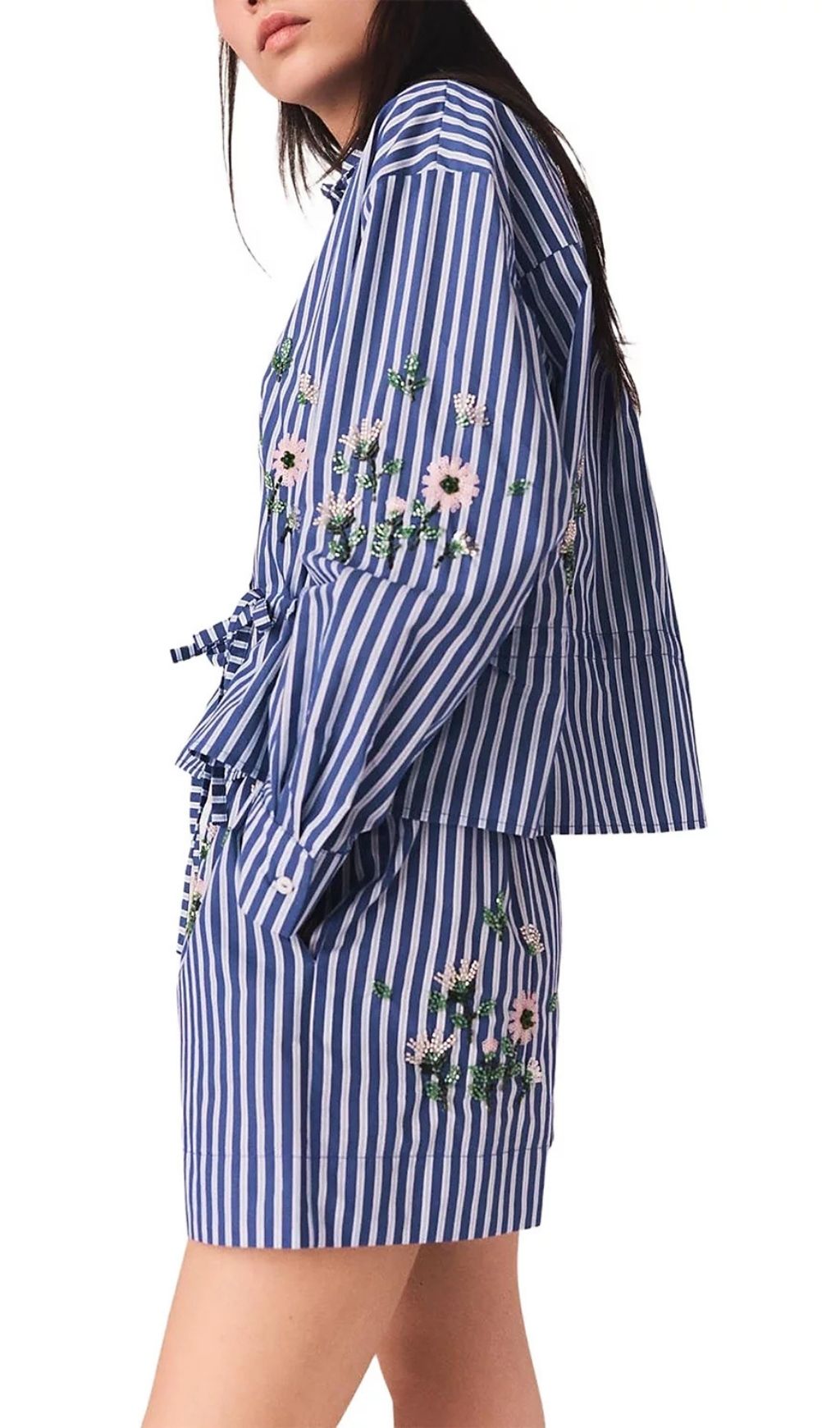 Fashionslee Women Beaded Floral Striped Shirt