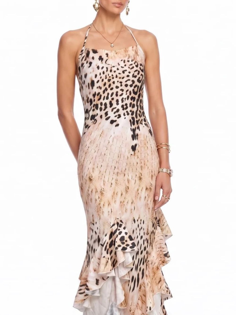faa784057f025668bea421653d10793d Sylvaren Halterneck Leopard Ruffle Maxi Dress