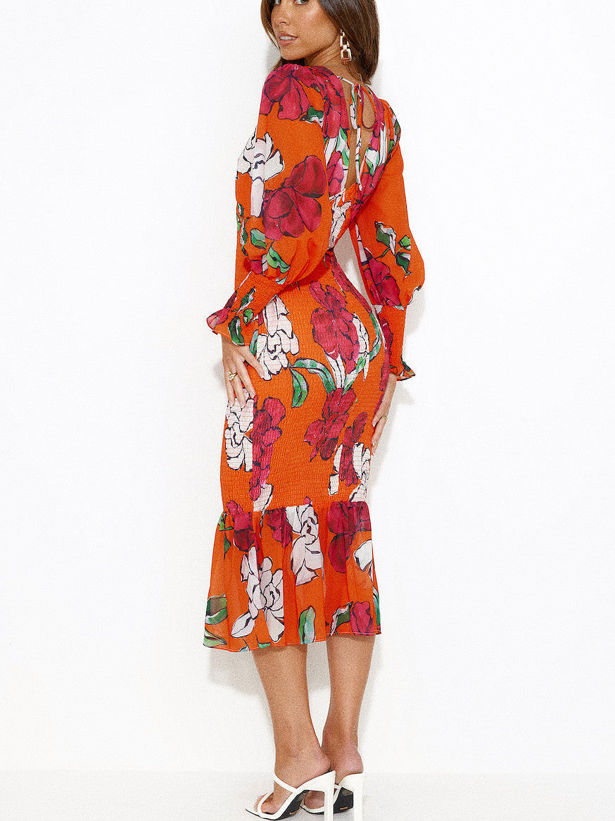 Floral V-Neck Backless Waist-Cinching Mermaid Dress