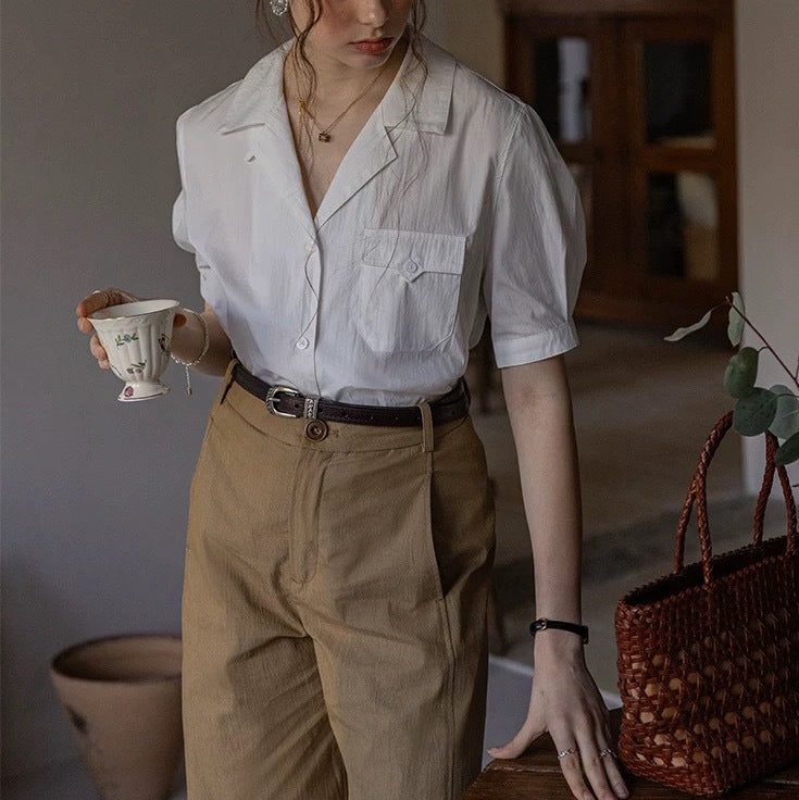 White Short-Sleeve Cotton Brocade Textured Shirt Top