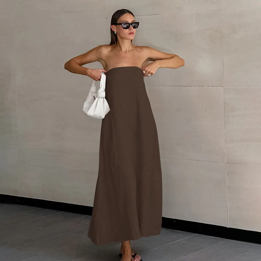 Cotton Linen Strapless A-Line Midi Dress