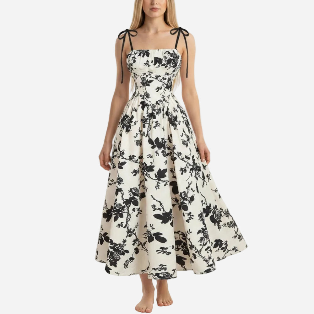 Smocked Floral Square Neck A-line Midi Dress - OWNCI