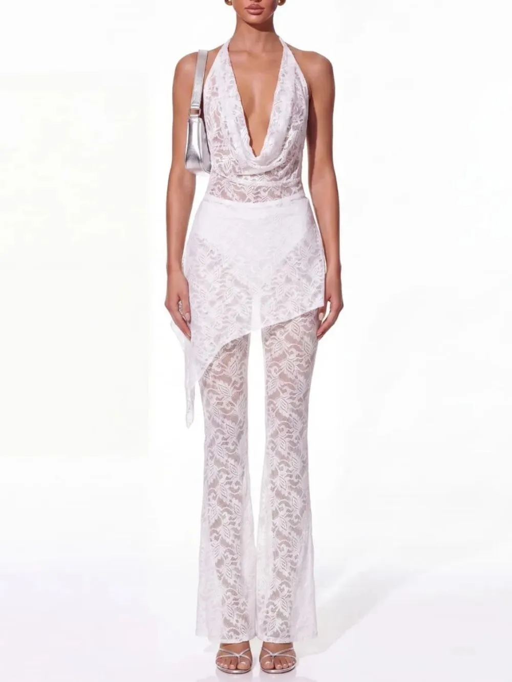 Senora Cowl Neck Lace Flared Pants Set