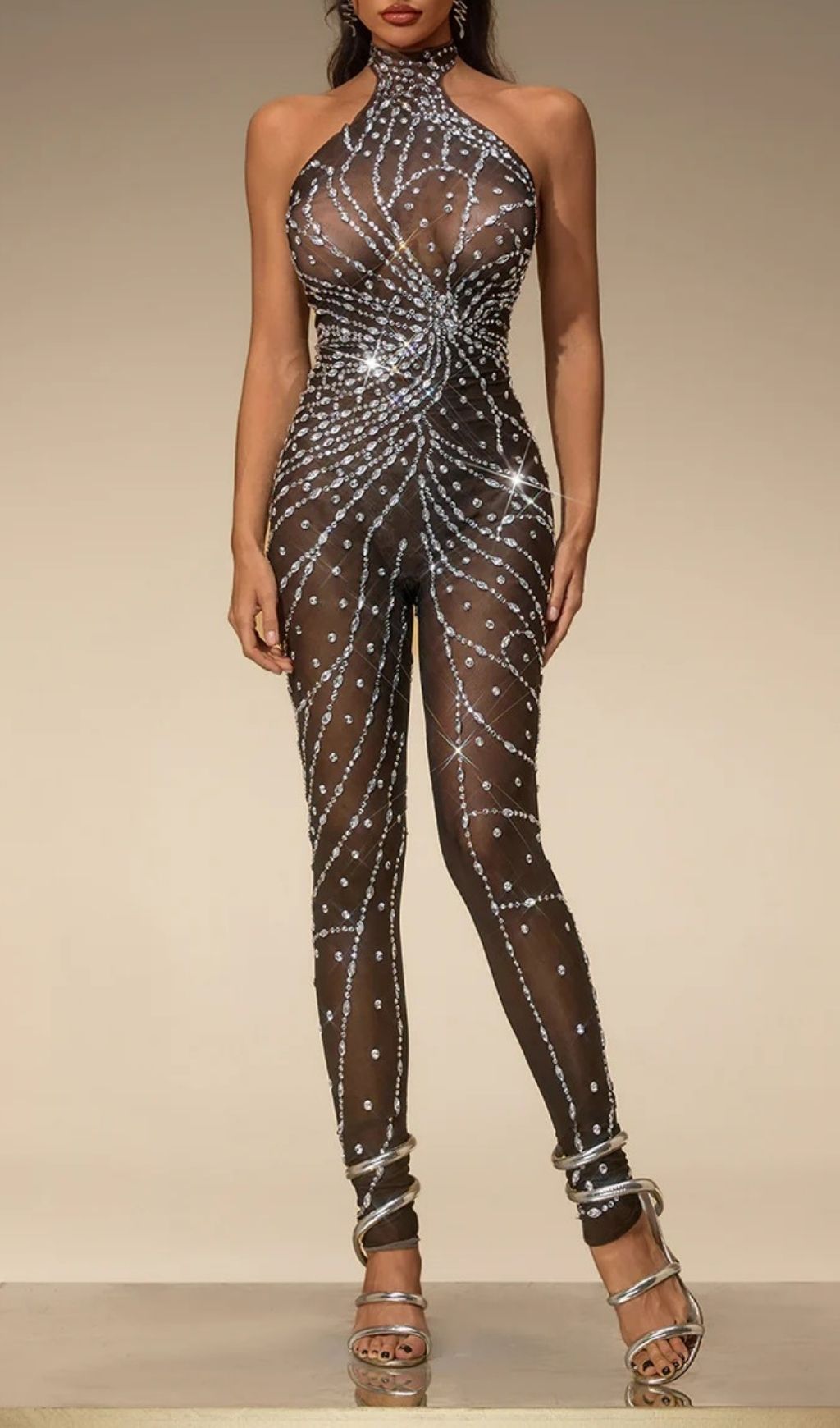 Fashionslee Women Siesia Rhinestone Mesh Jumpsuit