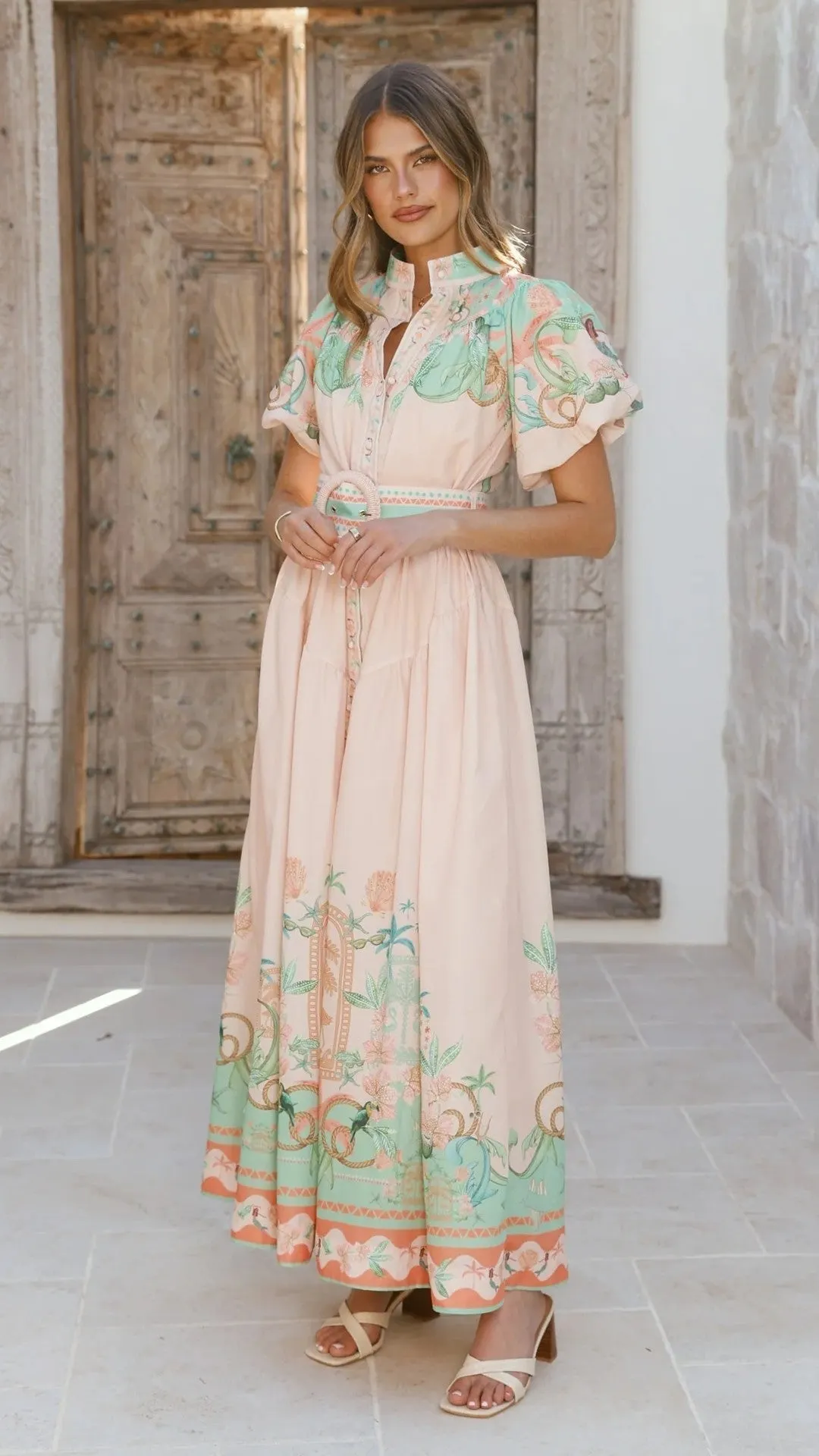 Pink Linen Loose Casual Belt Waist Midi Dress