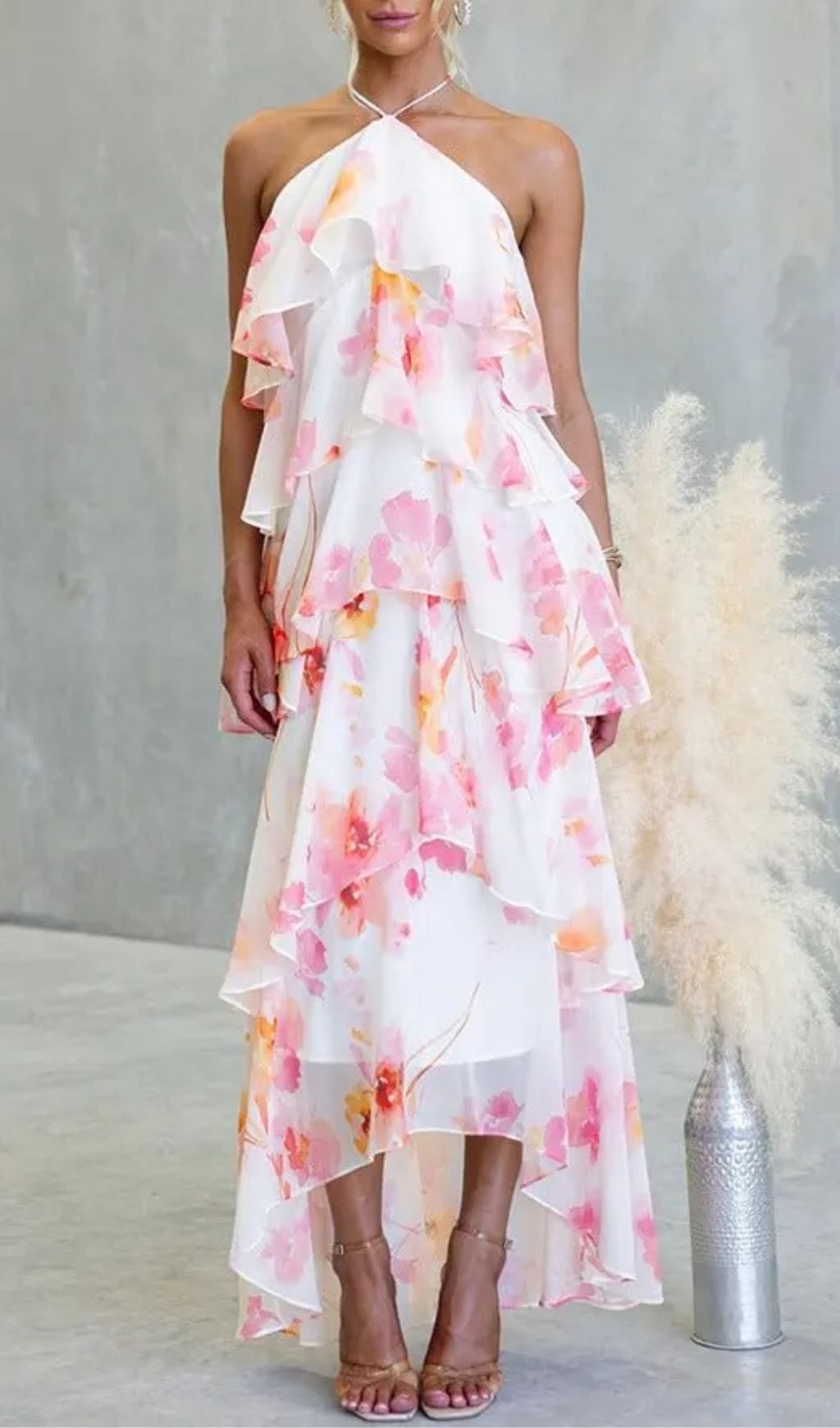 Floral Ruffle Halter Neck Midi Dress - Pink