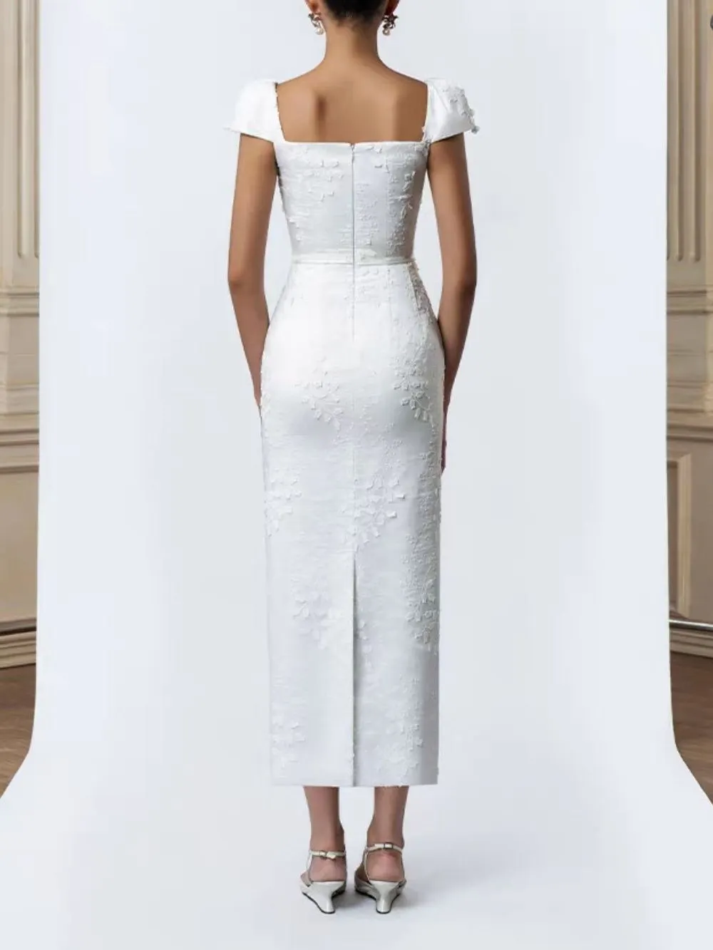 Madaline White Floral Embroidery Midi Dress - OWNCI