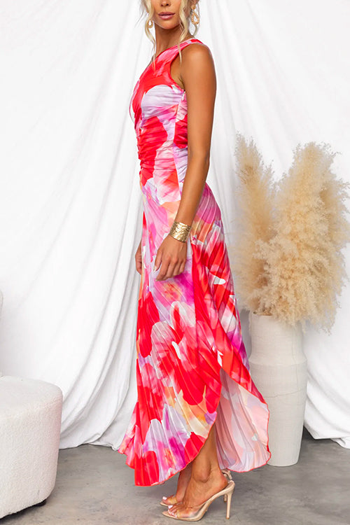 fe061a6d56c2651a6cb7585356ee143b One Shoulder Sleeveless Print Asymmetric Maxi Pleated Dress
