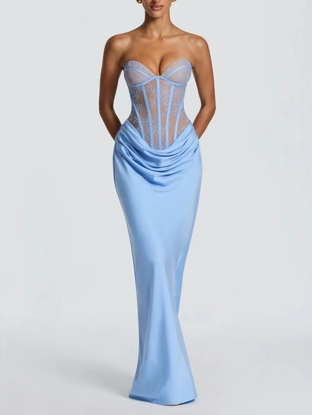 Makyla Blue Strapless Lace Ruched Maxi Dress
