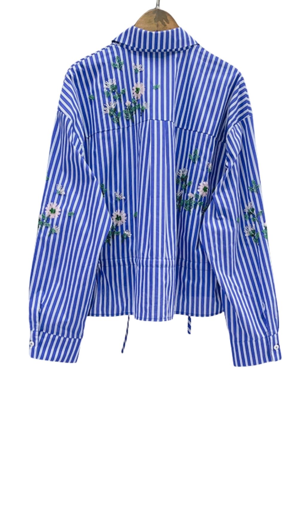 Fashionslee Women Beaded Floral Striped Shirt