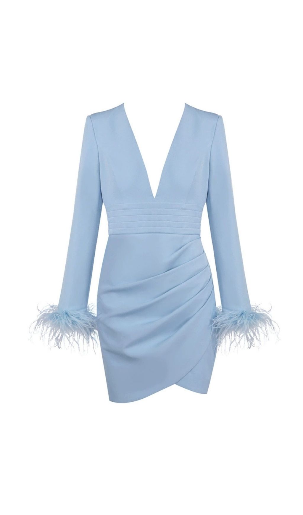 Deep V-Neck Feather Sleeve Blazer Mini Dress - Light Blue