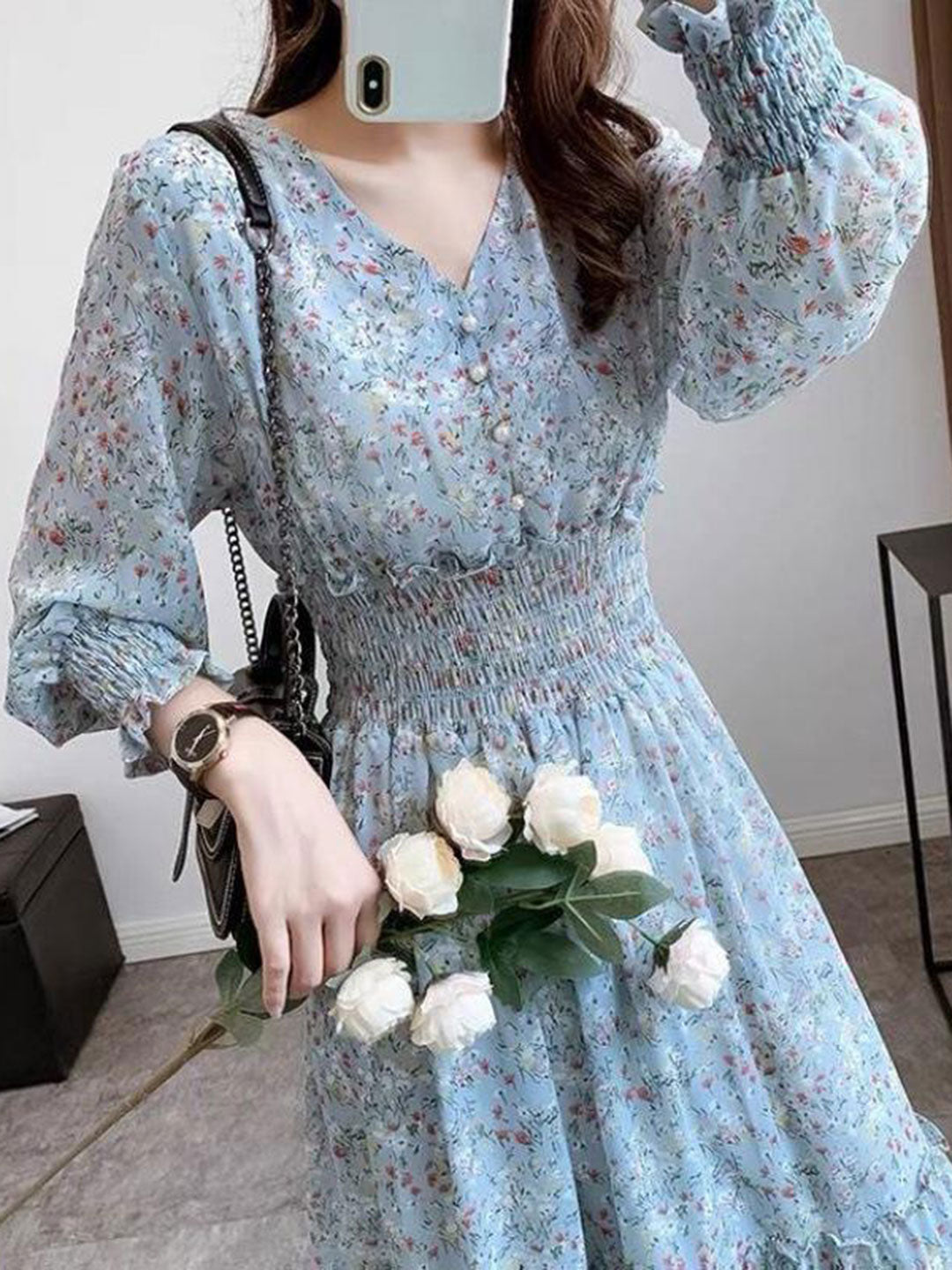 Janet Classic Floral Ruffle Chiffon Dress-Yellow