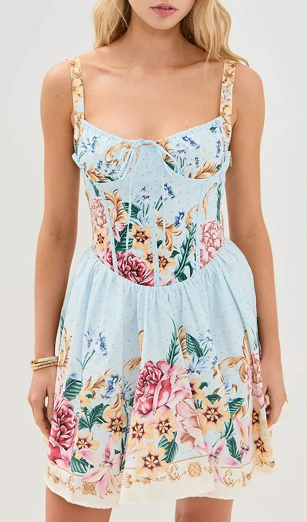 Fashionslee Women Léora Blue Strappy Floral Corset Mini Dress