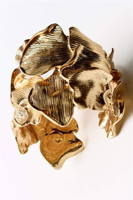 3D Textured Floral Wide Open Cuff Gold Bangle