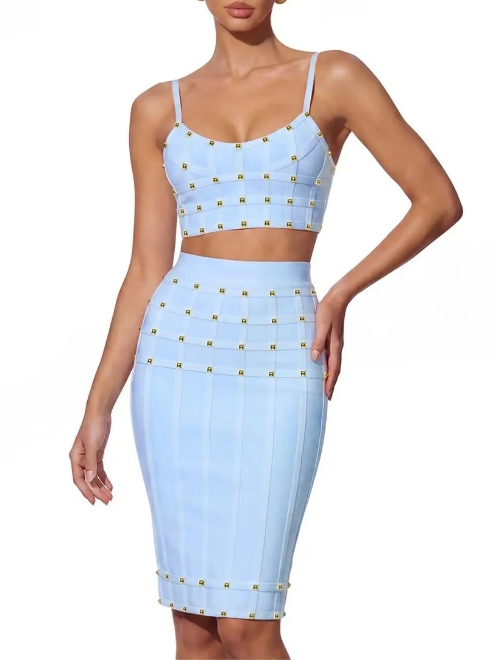 Xarina Spaghetti Bandage Skirt Set In Blue