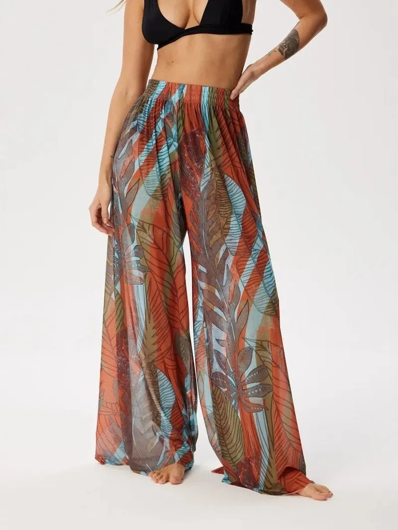 Women's High-Waisted Printed Mesh Casual Trousers
