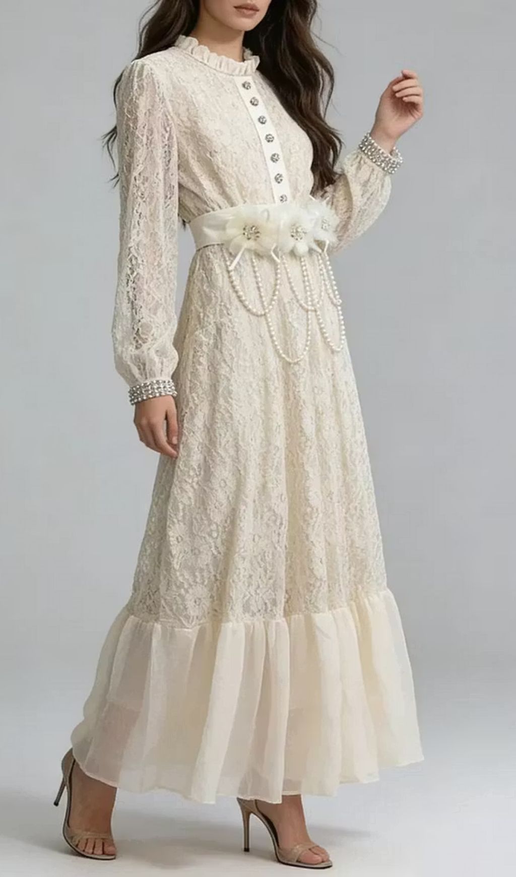 Deborah 3D Floral Tulle Lace Maxi Dress In White