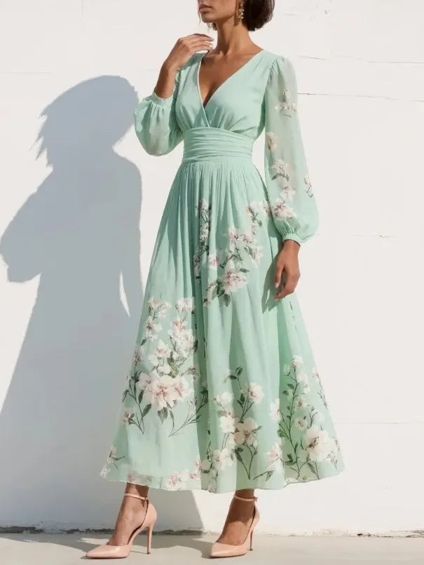 ff9b48479ac8b1784b228cb8366ddb9a Green Floral Print Chiffon V Neck Long Sleeve Pleated Midi Dress