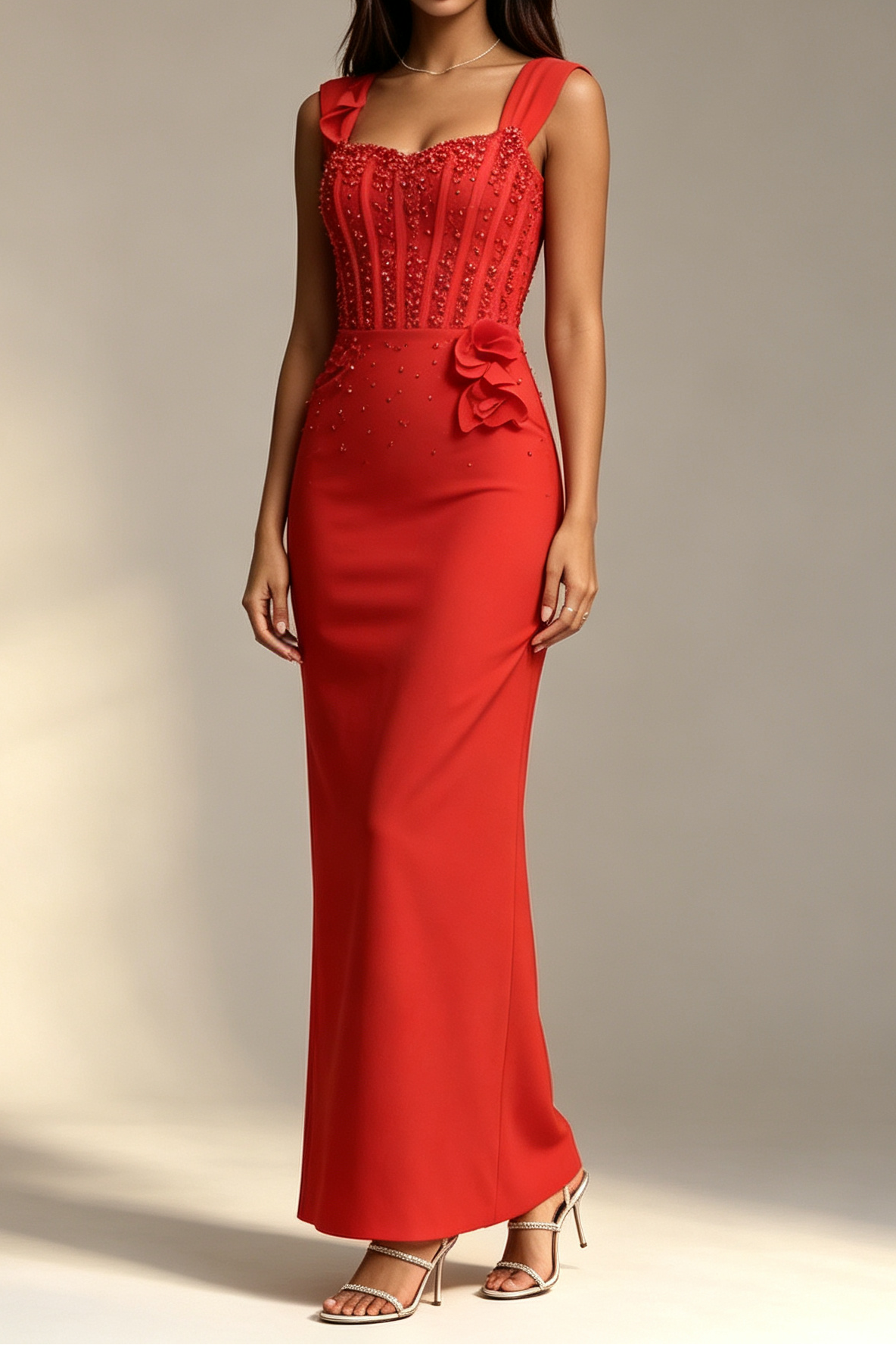 Red Square Neck Sleeveless Corset Beaded 3D Floral Bodycon Mermaid Maxi Dress - OWNCI Red Square Neck Sleeveless Corset Beaded 3D Floral Bodycon Mermaid Maxi Dress - OWNCI