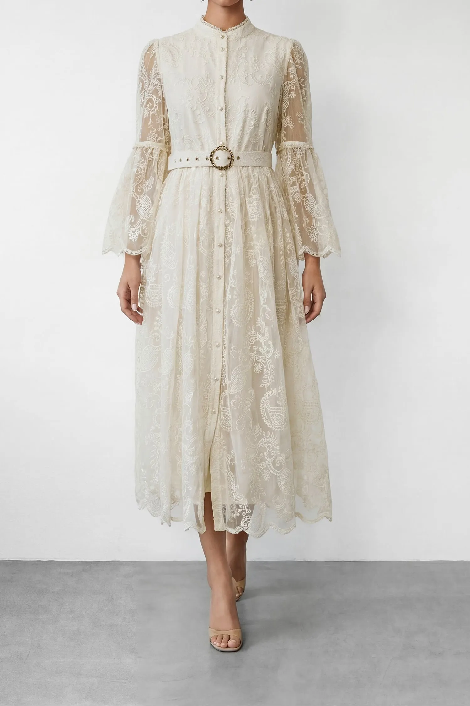 Cream Embroidery Lace Stand Collar Bell Sleeve Belted Midi Shirt Dress - OWNCI Cream Embroidery Lace Stand Collar Bell Sleeve Belted Midi Shirt Dress - OWNCI