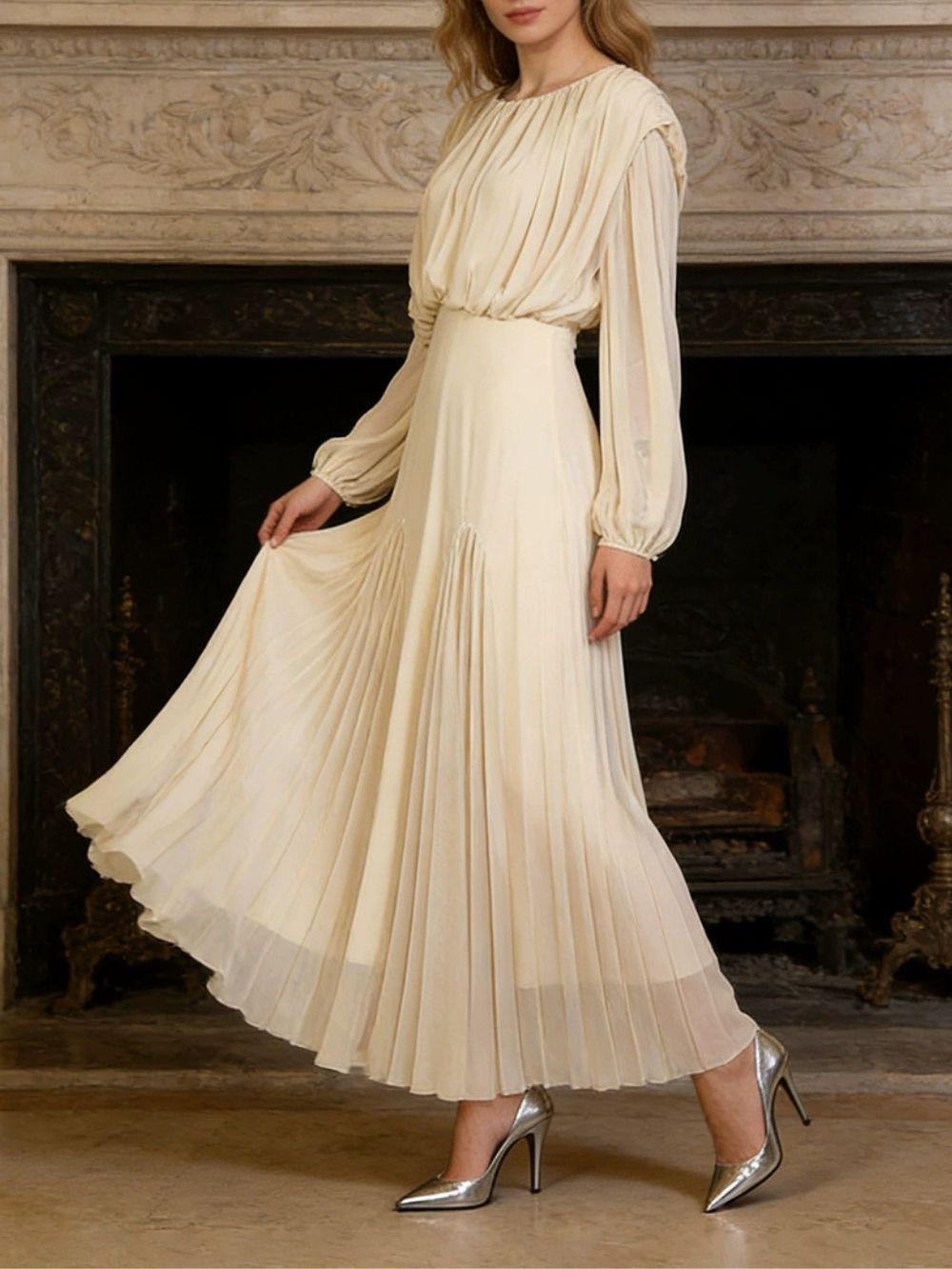 Jimena Pleated Long Sleeve Maxi Dress - OWNCI
