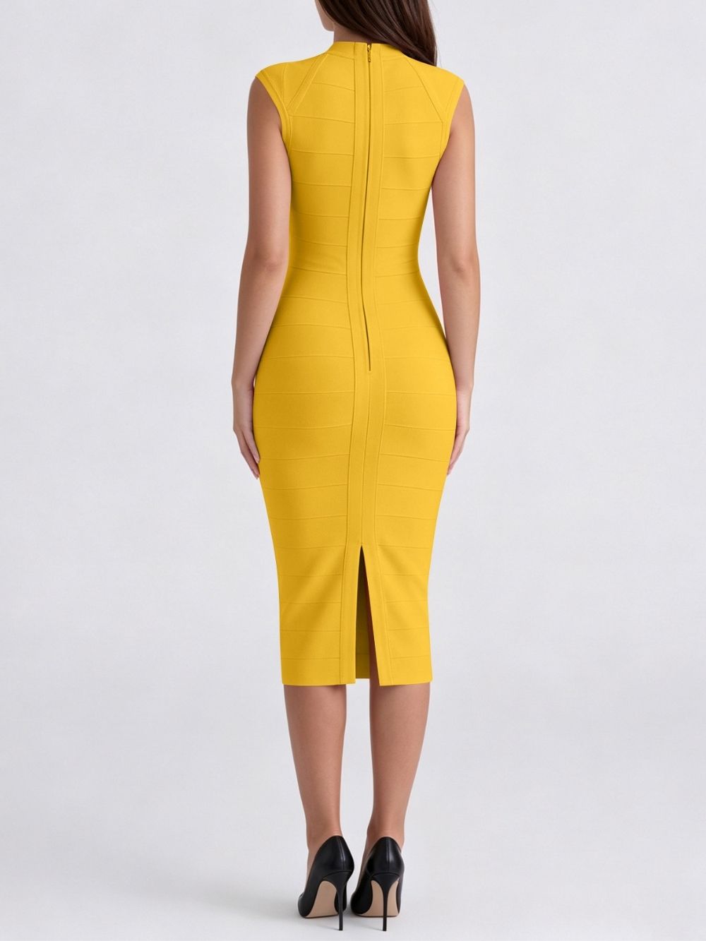 Marixa Yellow V-Neck Bandage Midi Dress - OWNCI