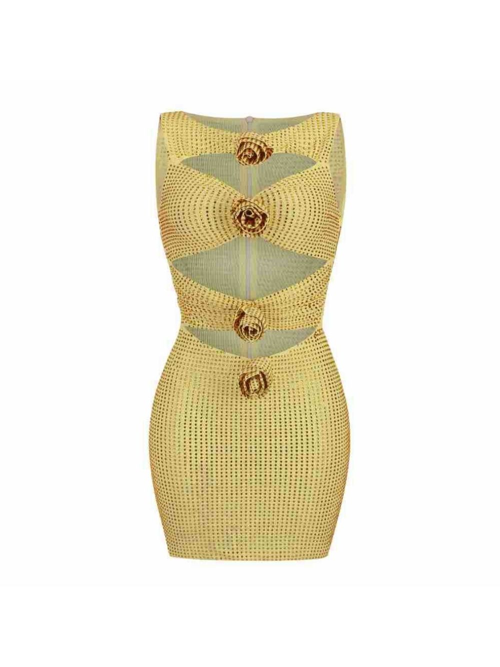 Marti Yellow Diamante Flower Cutout Mini Dress - OWNCI