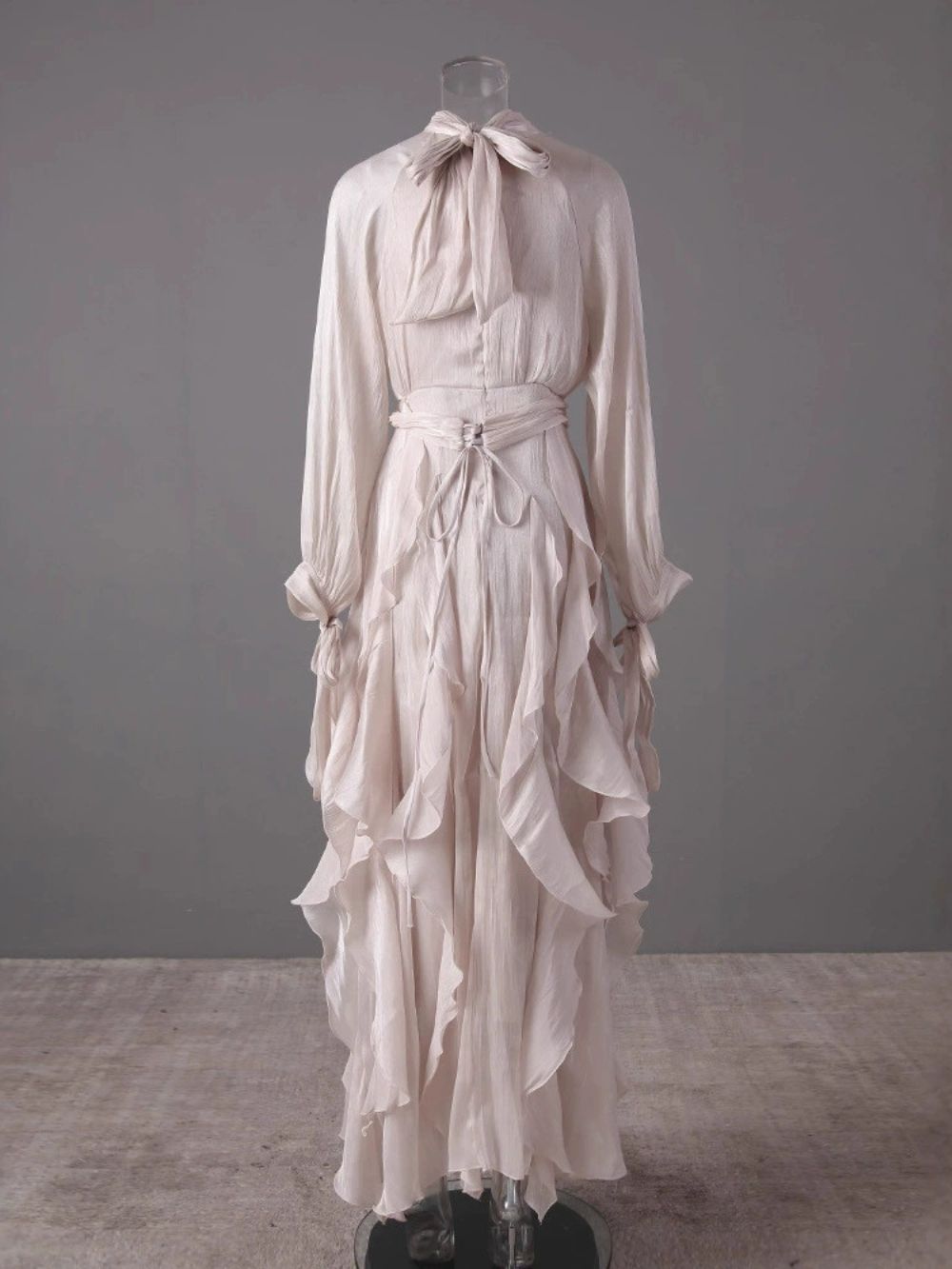 Champagne Shimmer Chiffon High Neck Tie Cuff Ruffled Maxi Gown - OWNCI Champagne Shimmer Chiffon High Neck Tie Cuff Ruffled Maxi Gown - OWNCI