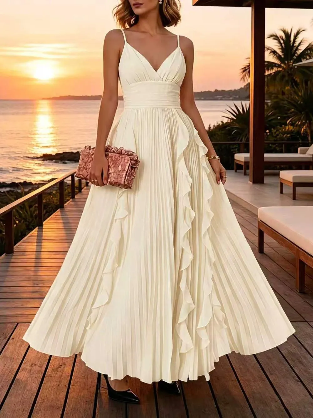 Marvene Spaghetti V-Neck Ruffle Pleated Maxi Dress - OWNCI