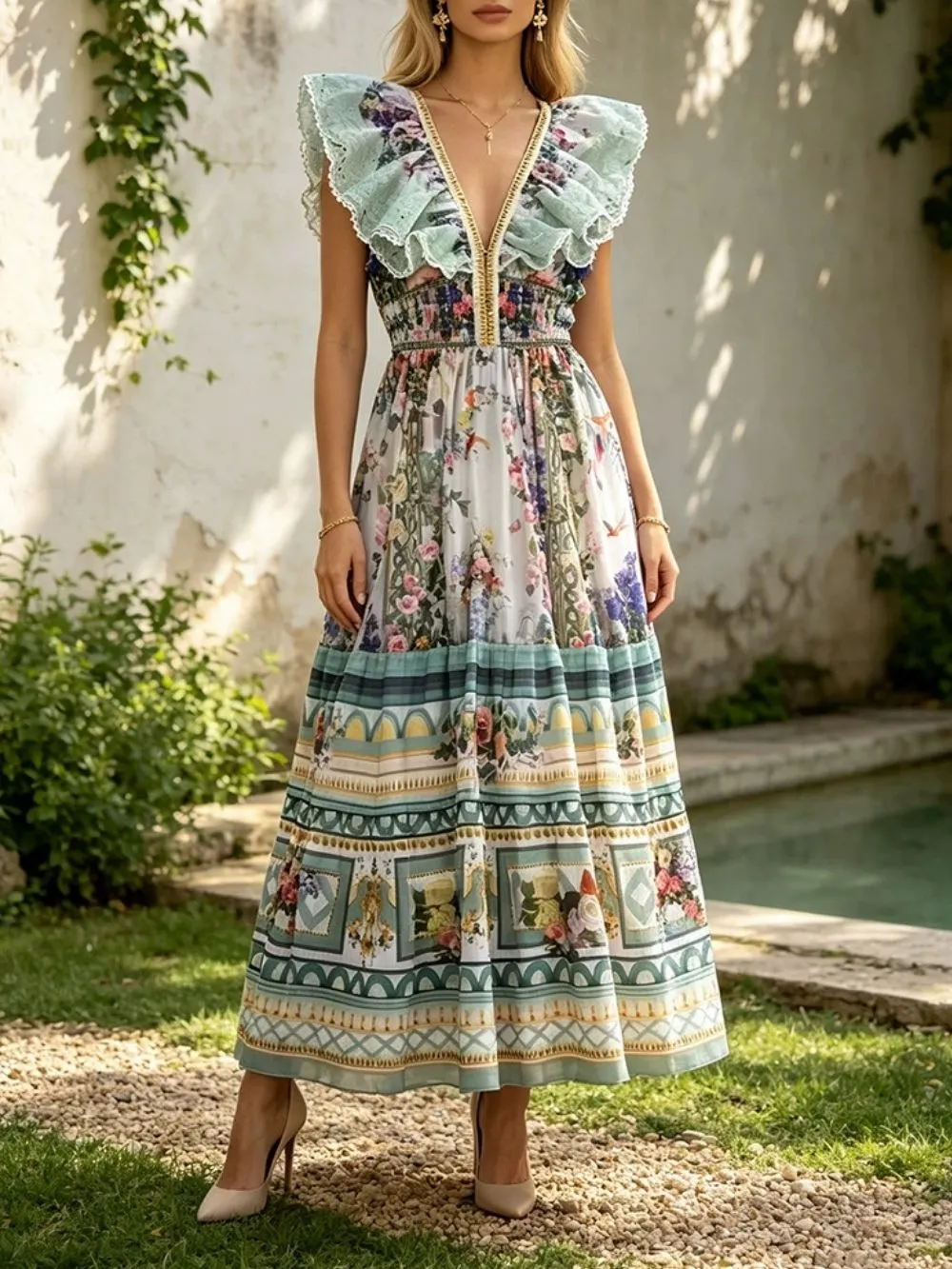 Marja V-Neck Printed Maxi Dress - OWNCI