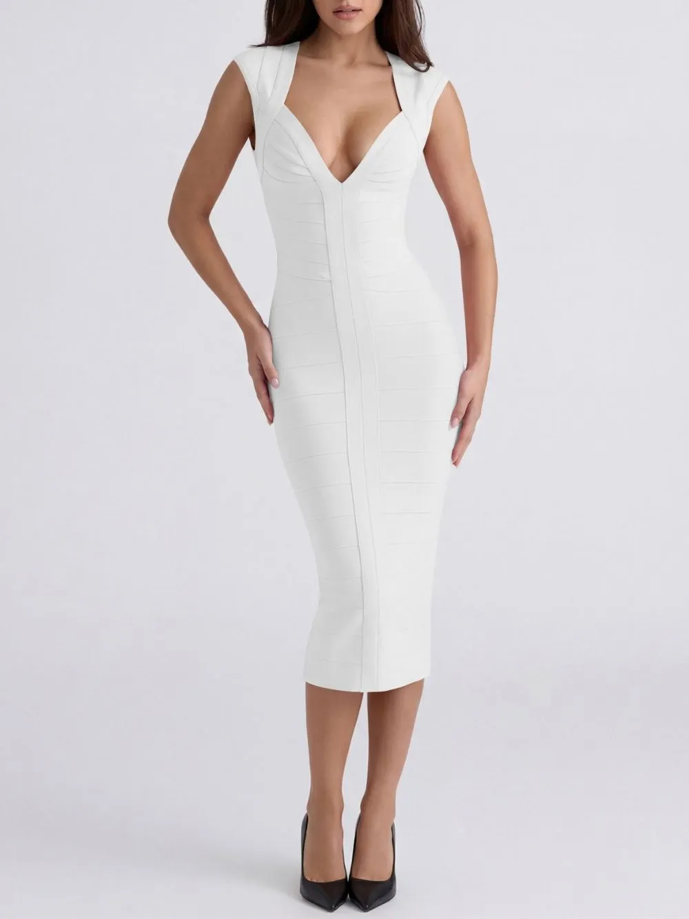 Marixa White V-Neck Bandage Midi Dress - OWNCI Marixa White V-Neck Bandage Midi Dress - OWNCI