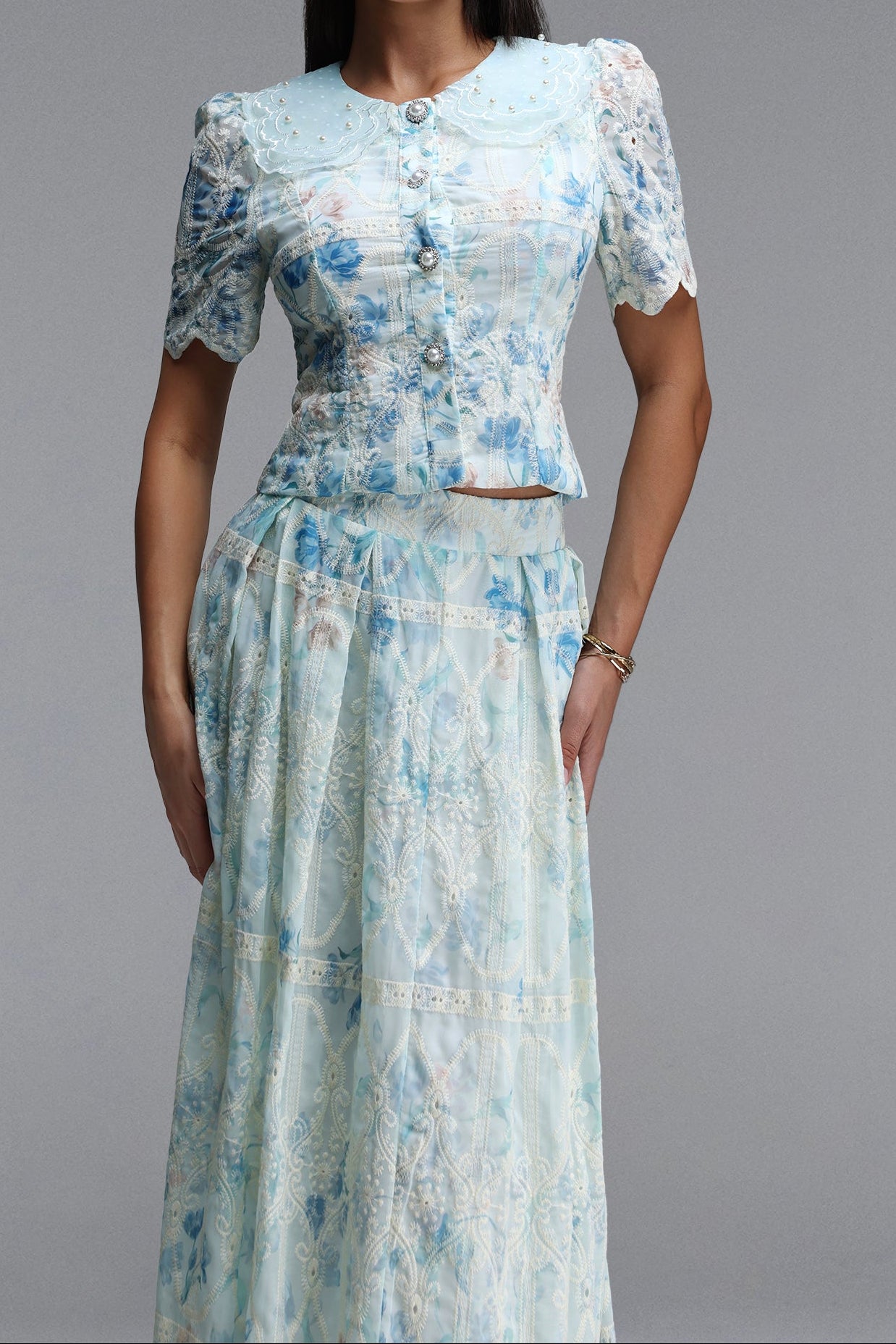 Light Blue Floral Lace Peter Pan Collar Crop Top & Wide Leg Maxi Skirt Two-Piece Set - OWNCI