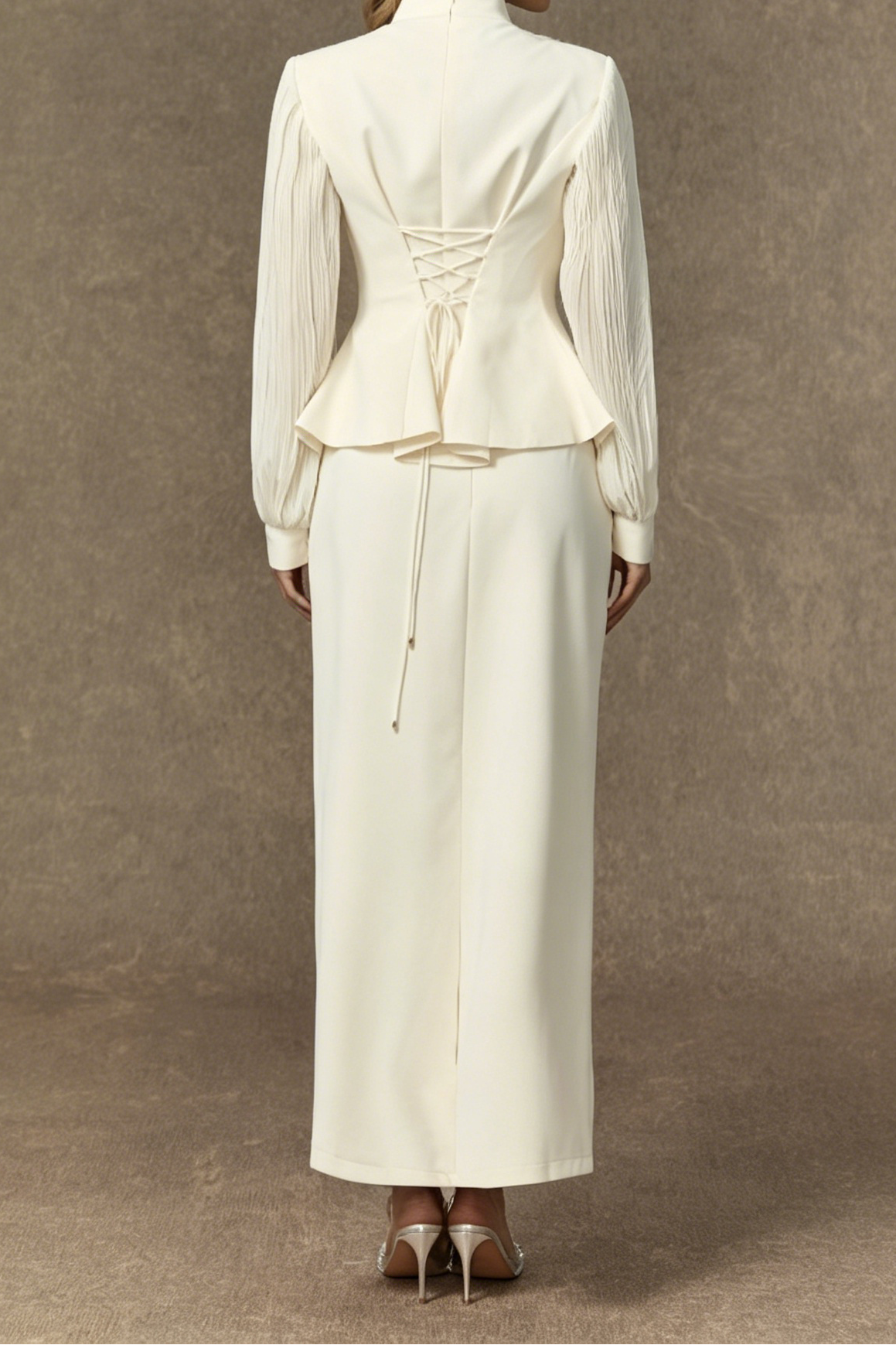 Cream Beaded Floral Embellished Peplum Top & Midi Pencil Skirt Two-Piece Suit - OWNCI Cream Beaded Floral Embellished Peplum Top & Midi Pencil Skirt Two-Piece Suit - OWNCI