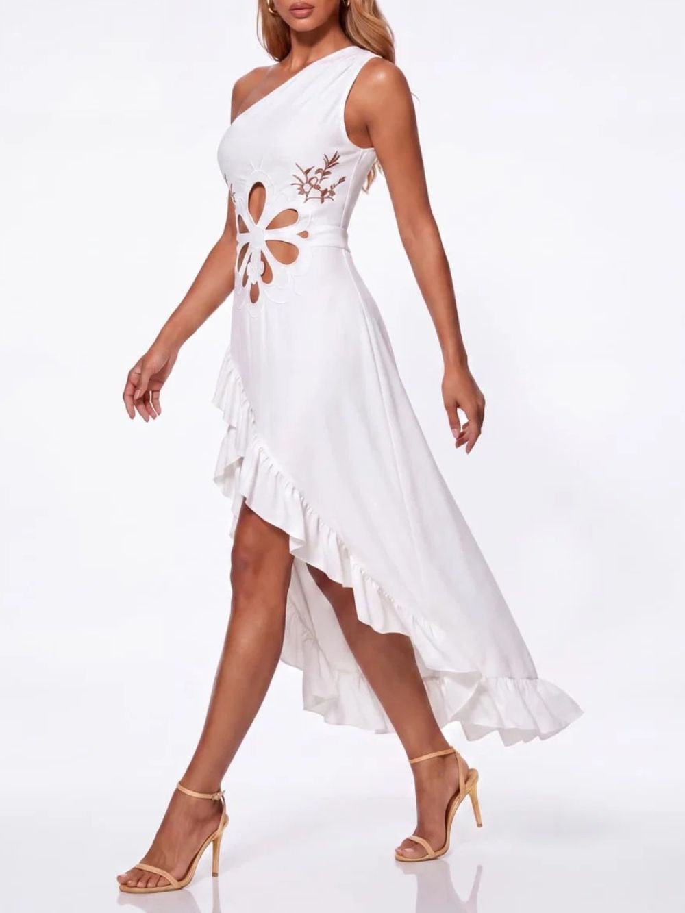 Iverique One Shoulder Cutout Ruffle Dress - OWNCI