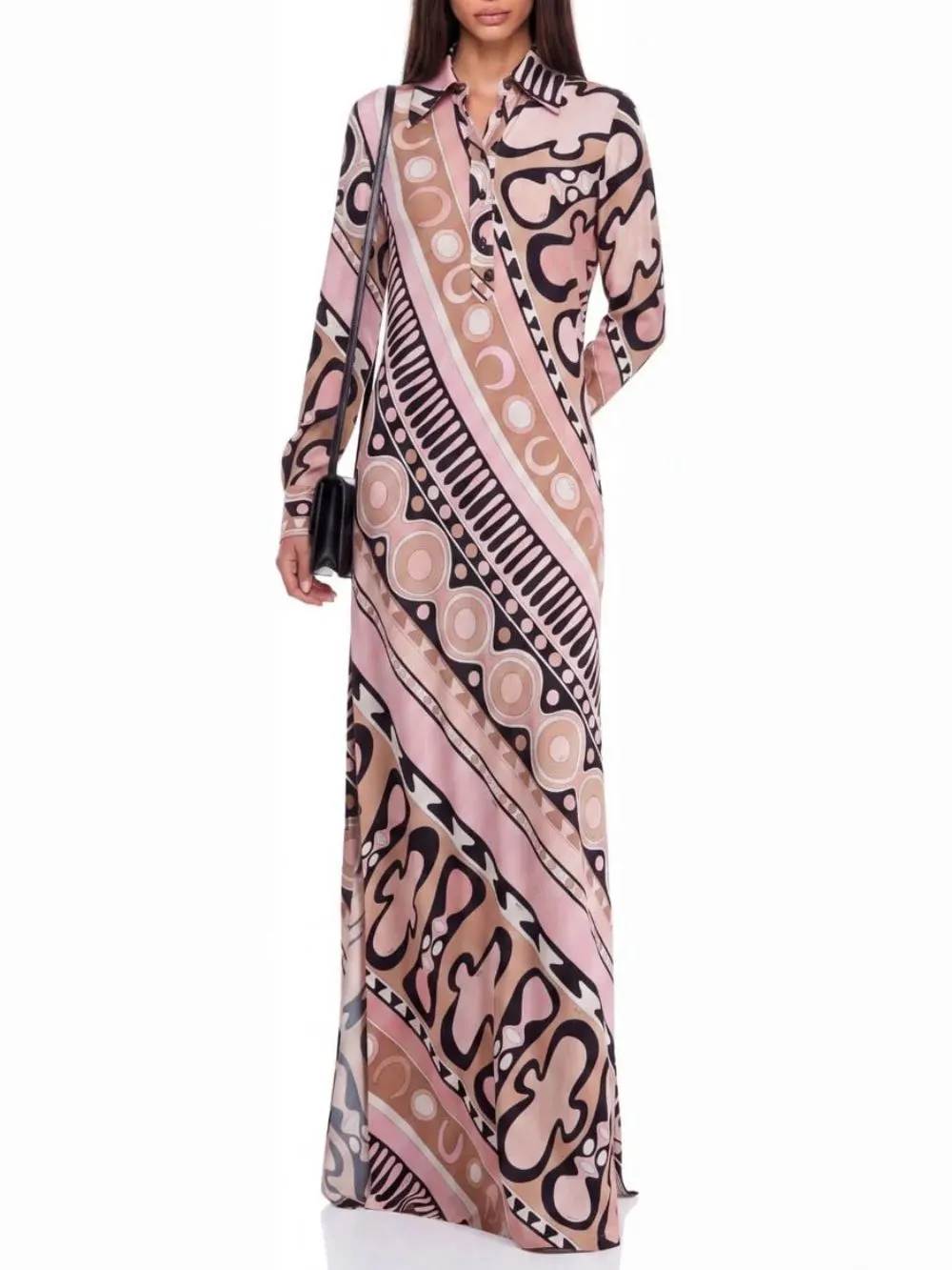 Hylora Long Sleeve Geo Printed Maxi Dress - OWNCI