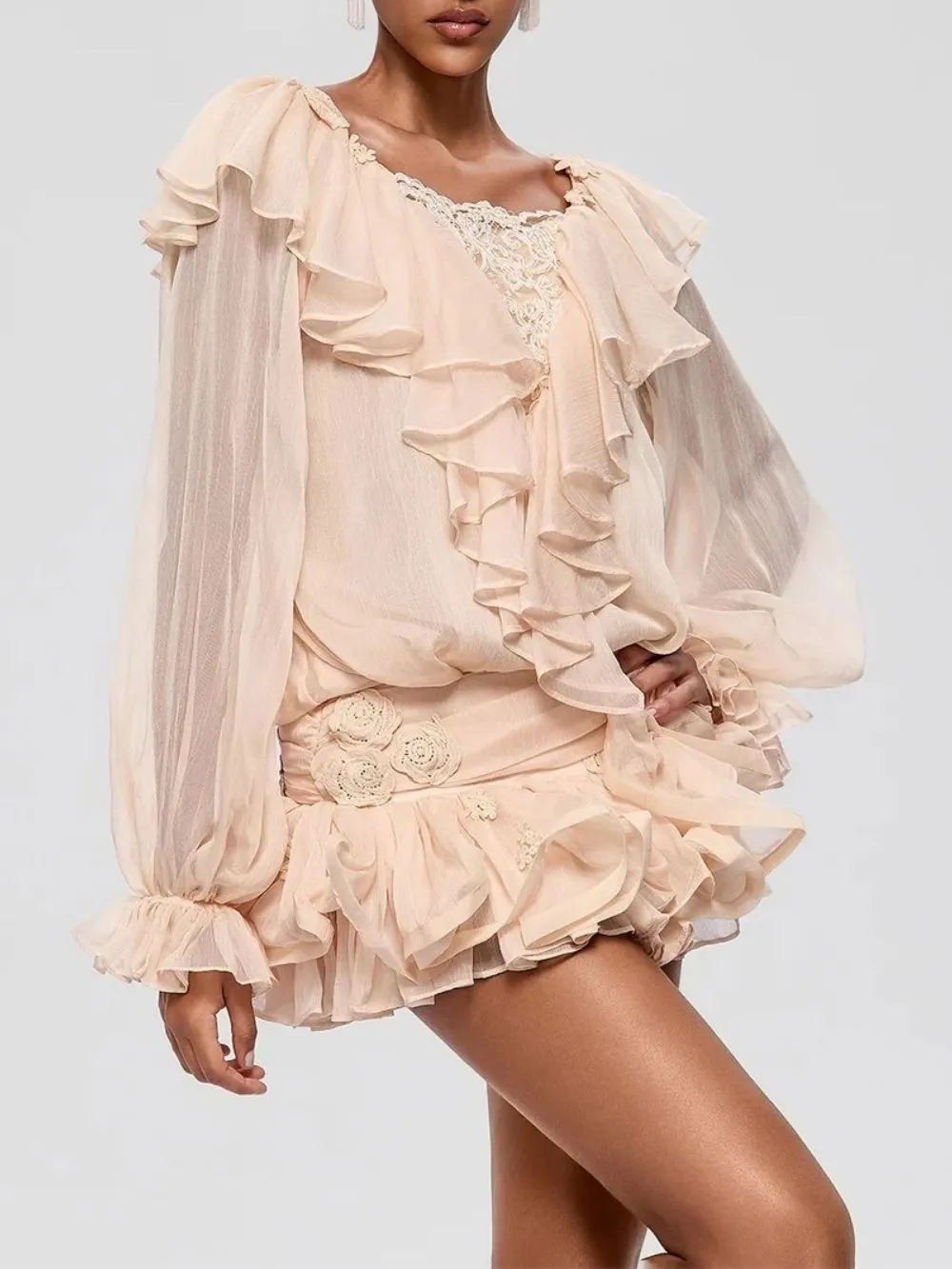 Franka Flare Sleeve Ruffle Lace Mini Dress - OWNCI